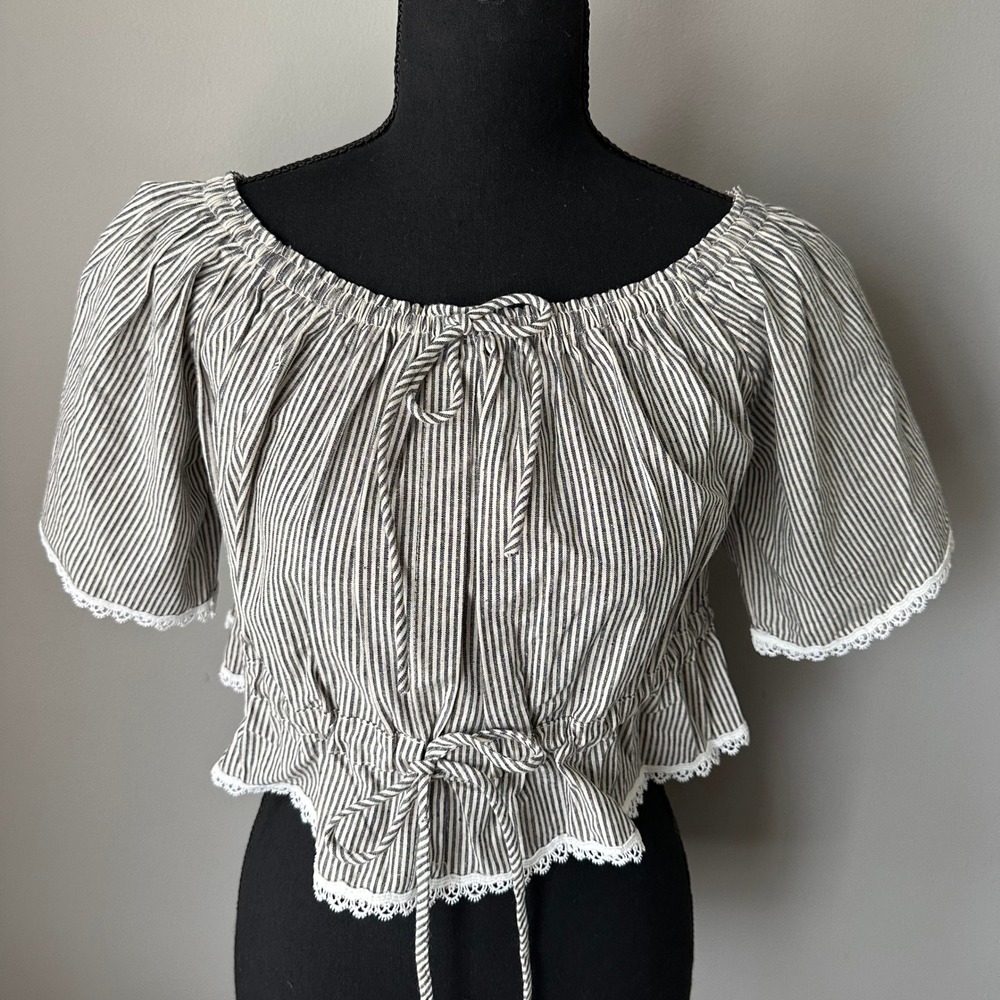POL Woman Crop Top Small Blue White Stripe Peasant Lace‎ Boho Drawstring Cottage